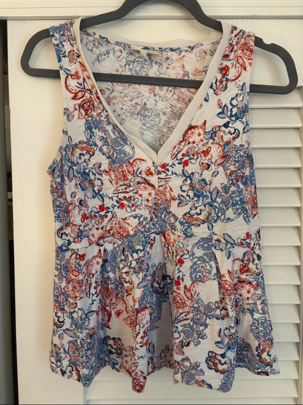 Anthropologie White Tank with Blue & Red Paisley Print